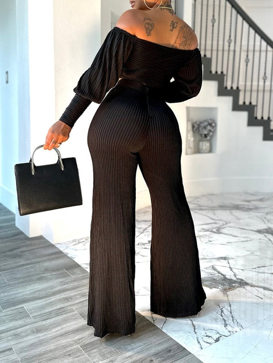 Pleated Off-Shoulder Zipper Top And High-Waisted Pants Set