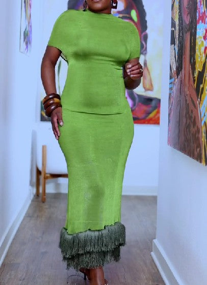 Elegant Green Tassel Dress Open Back With Circular Wooden Detail