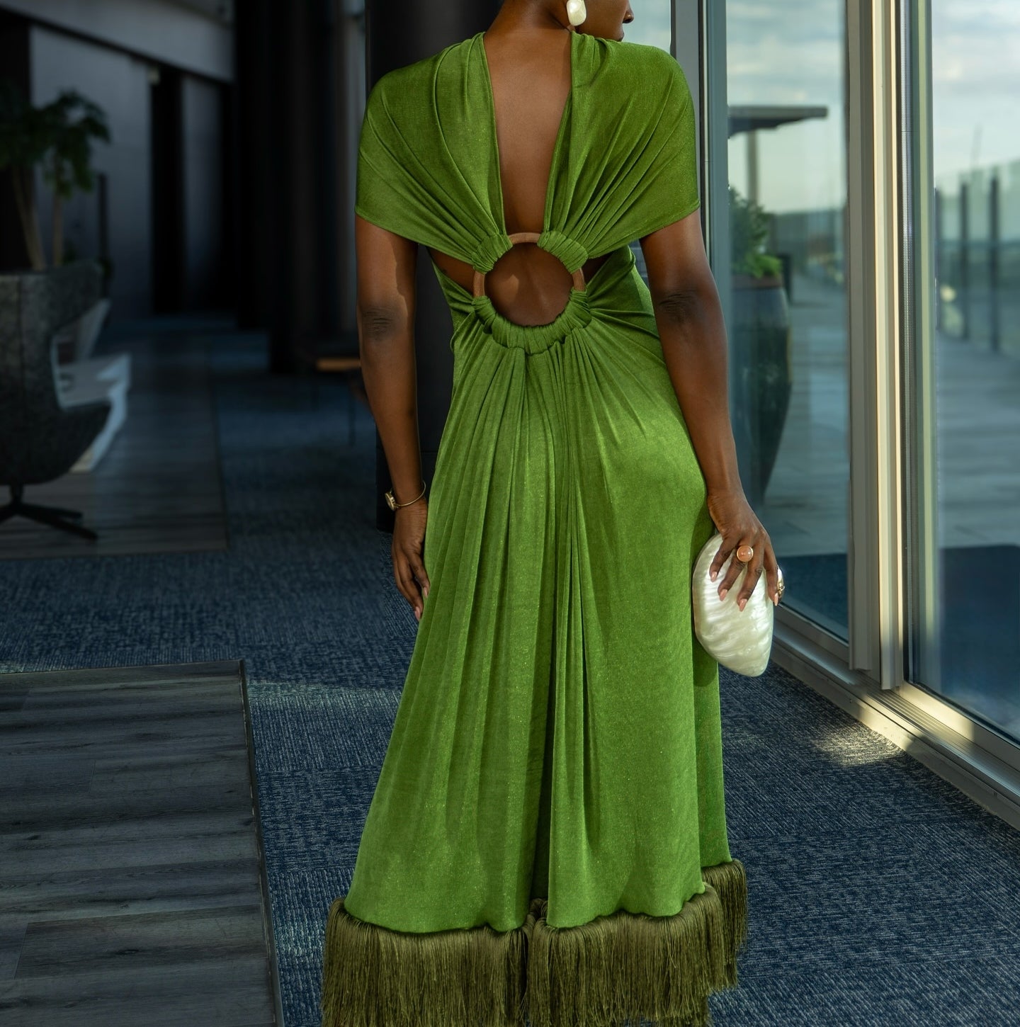 Elegant Green Tassel Dress Open Back With Circular Wooden Detail