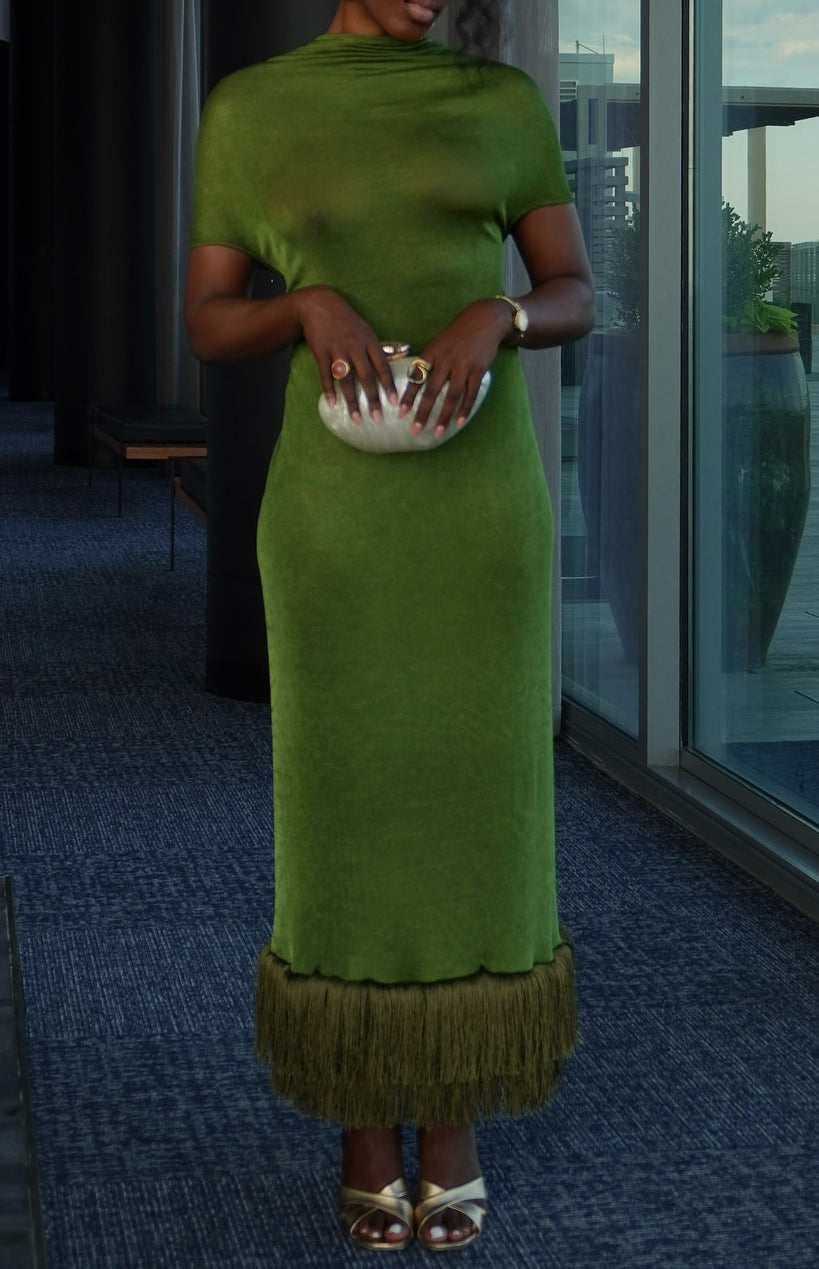 Elegant Green Tassel Dress Open Back With Circular Wooden Detail