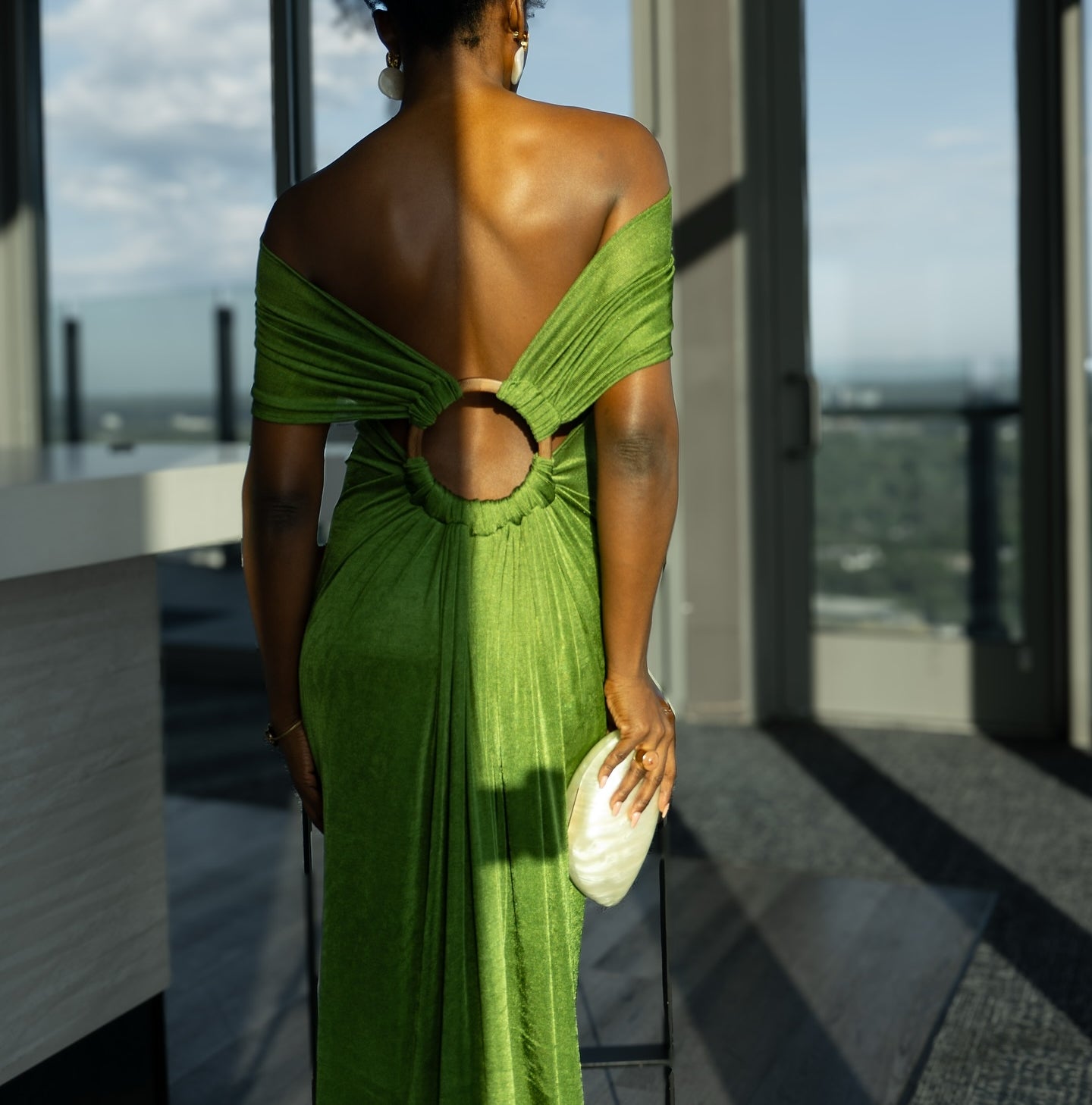 Elegant Green Tassel Dress Open Back With Circular Wooden Detail