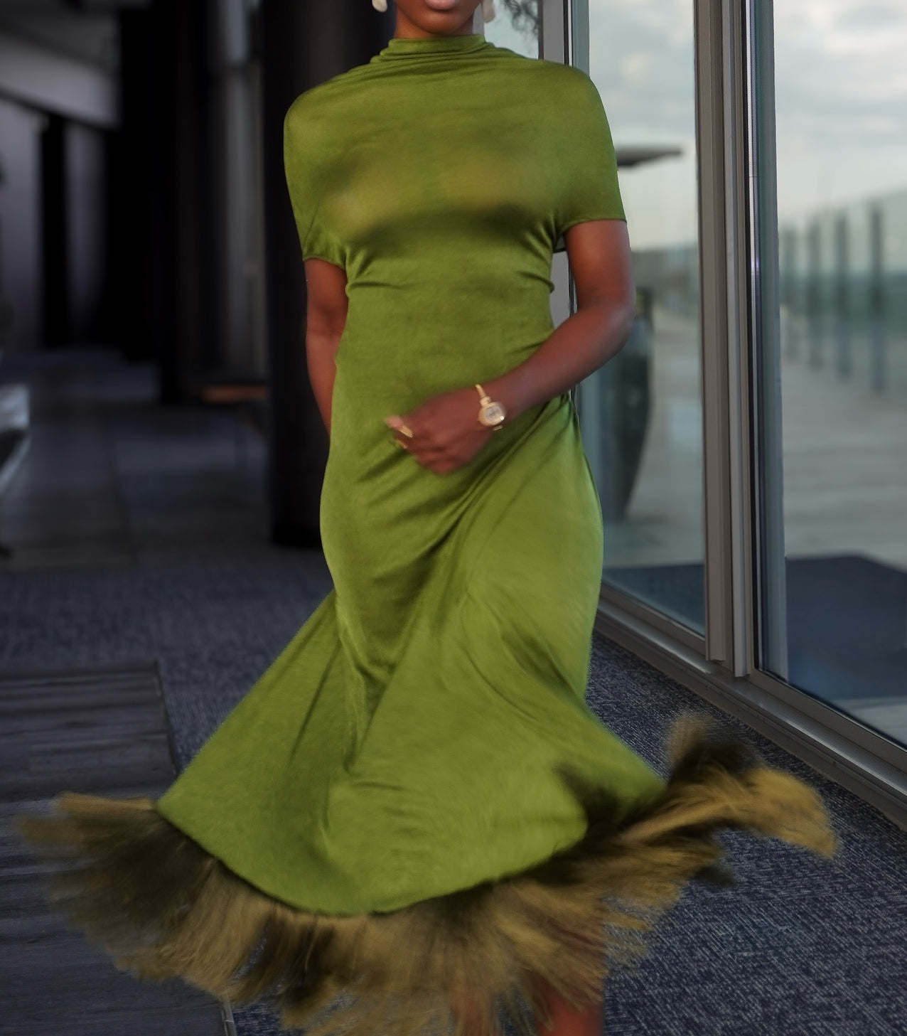 Elegant Green Tassel Dress Open Back With Circular Wooden Detail