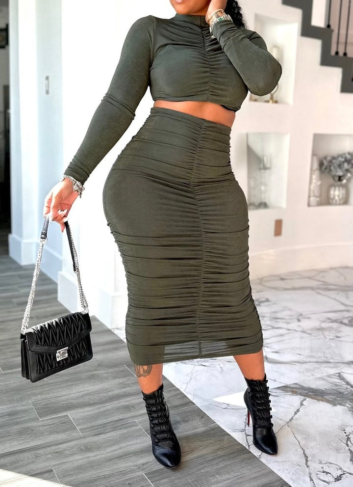 Stretch Ruched Long Sleeves Two Piece Set