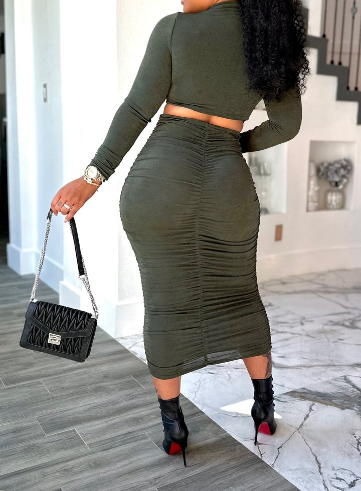 Stretch Ruched Long Sleeves Two Piece Set