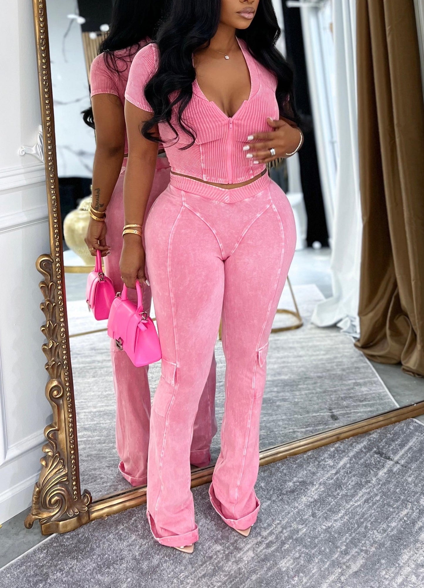 V-neck Stretch Zipper Top Flare Pants 2pcs