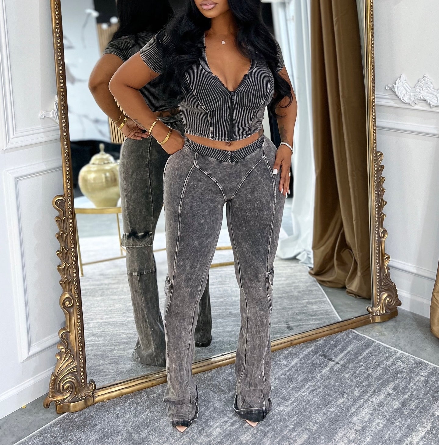 V-neck Stretch Zipper Top Flare Pants 2pcs