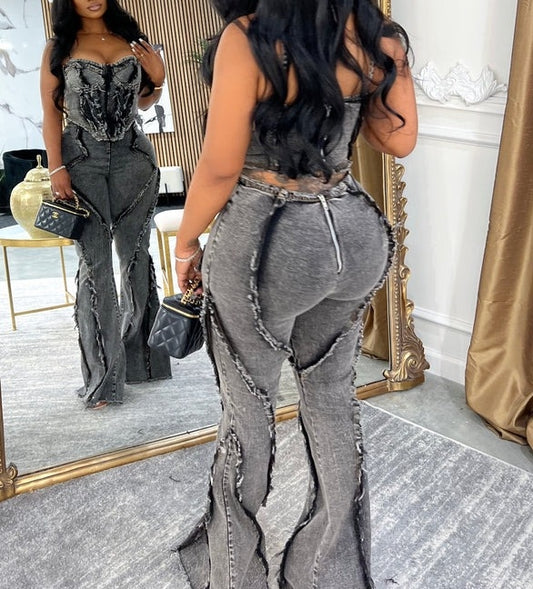 Raw-edge Tassel-stitched Washed Denim Two-piece Suit