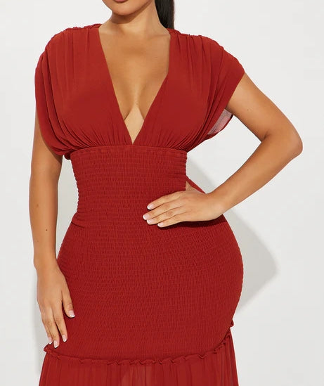 Rust V-neck Chiffon Maxi Dress