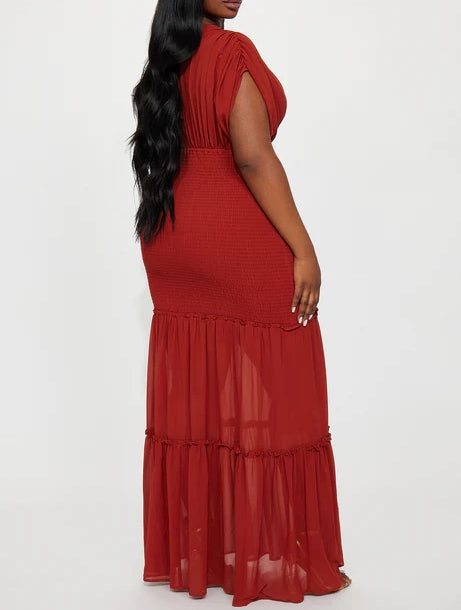 Rust V-neck Chiffon Maxi Dress