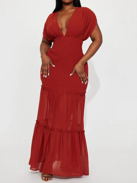 Rust V-neck Chiffon Maxi Dress