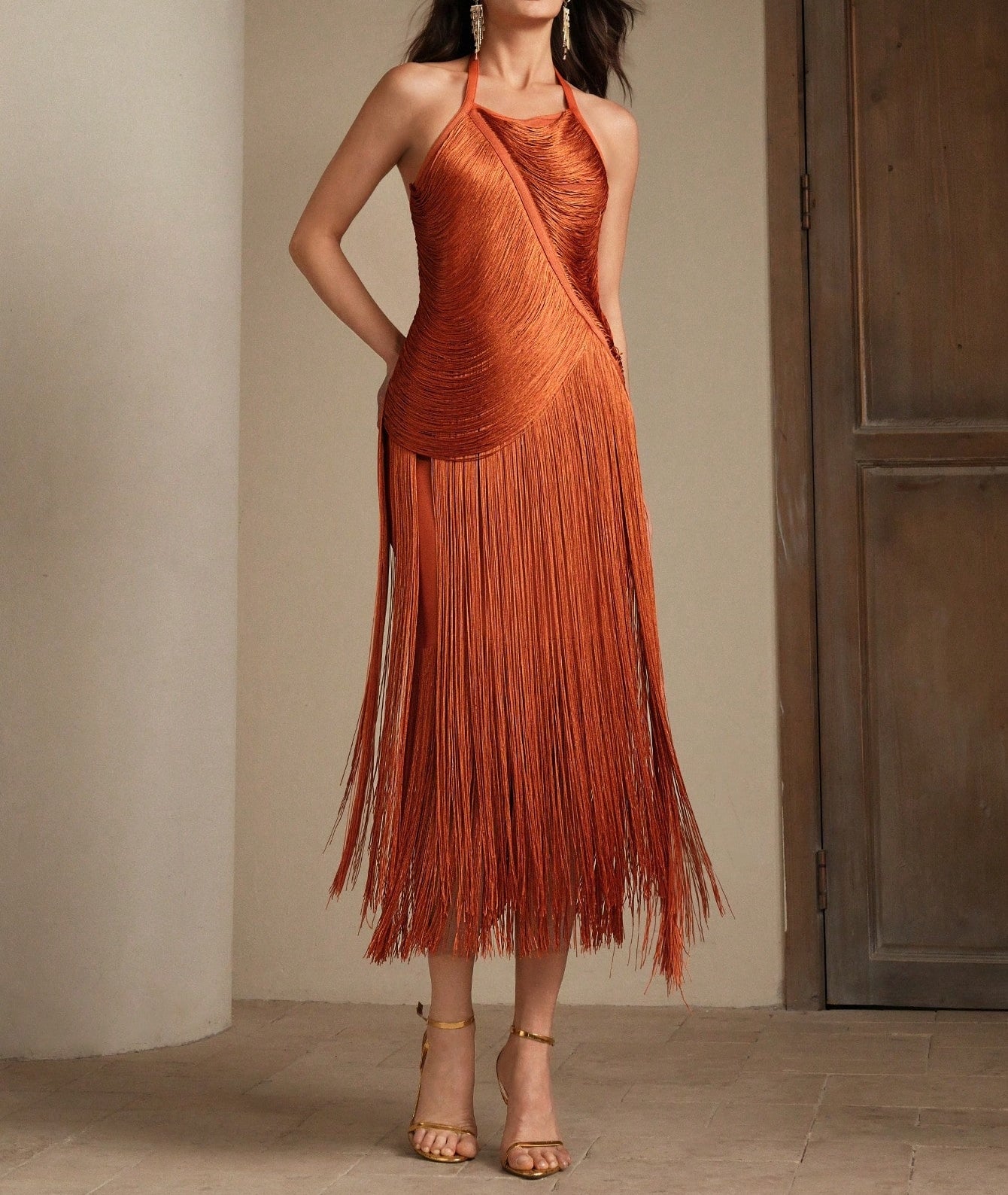 Halter Neck Fringe Bandage Burnt Orange Dress