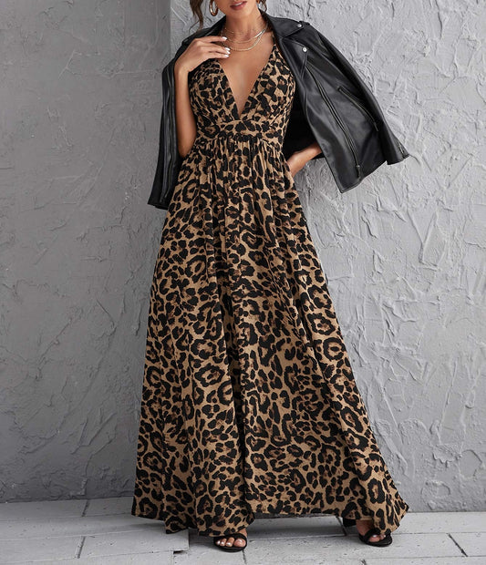 Deep V Neck Leopard Crisscross Backless Beach Maxi Dress