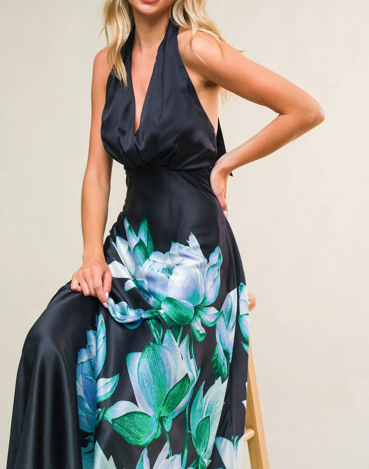 Premium Satin Halter Printed Midi Dress