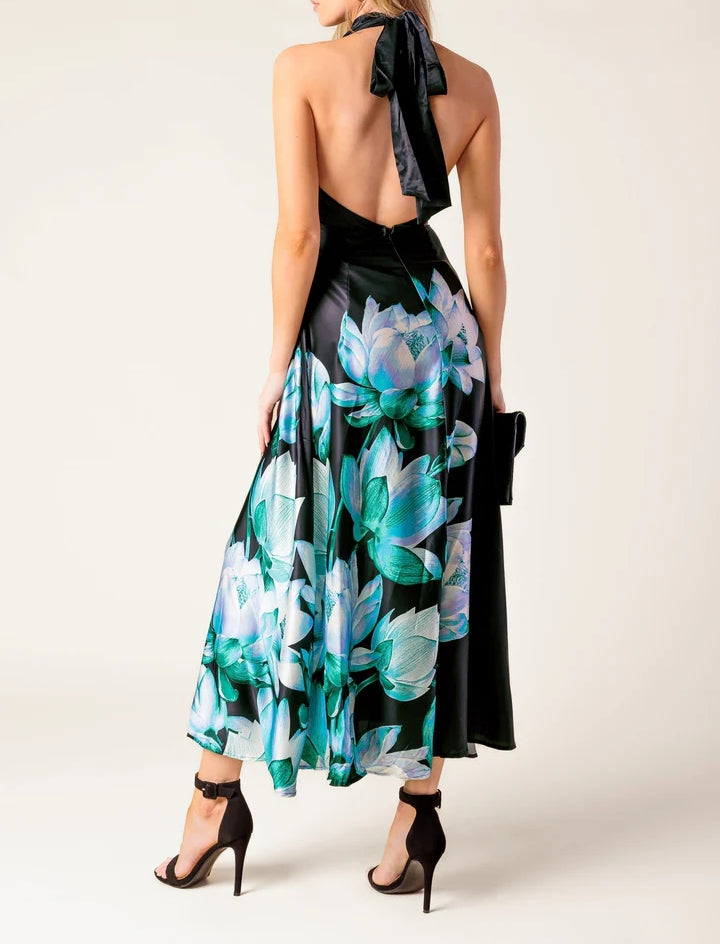 Premium Satin Halter Printed Midi Dress