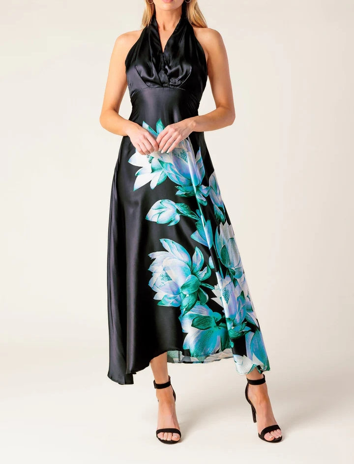 Premium Satin Halter Printed Midi Dress