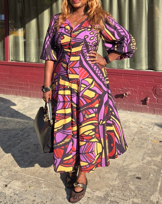 Purple Printed Midi-sleeve Dress