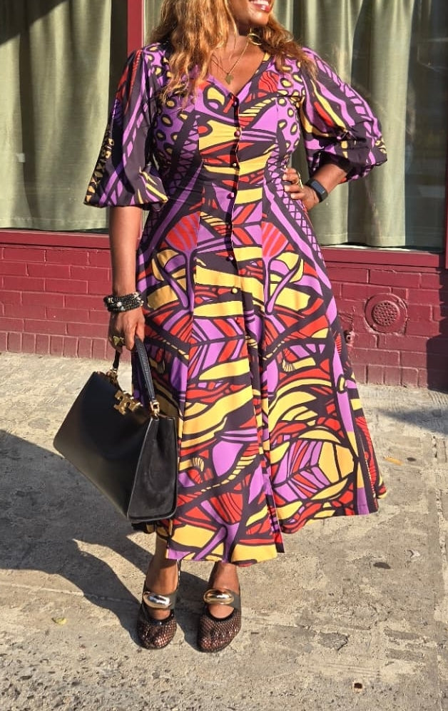 Purple Printed Midi-sleeve Dress