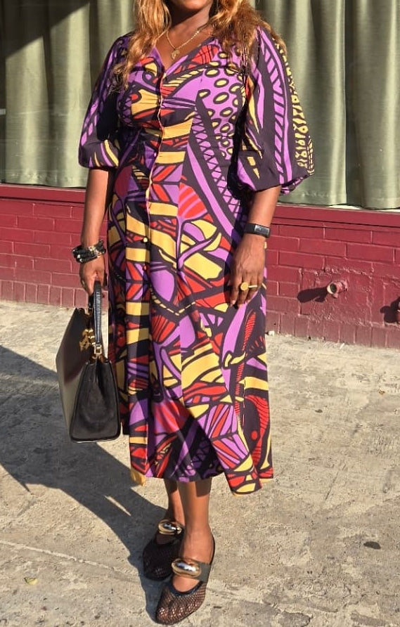 Purple Printed Midi-sleeve Dress