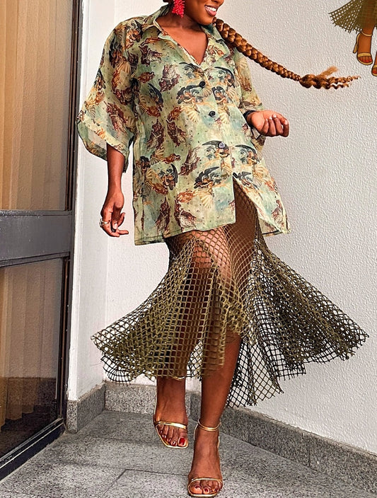 Olive Green Mesh Fishtail Maxi Skirt