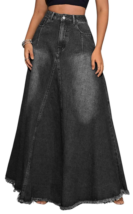 Women's Vintage High Waisted Frayed Raw Hem Maxi Denim Skirt