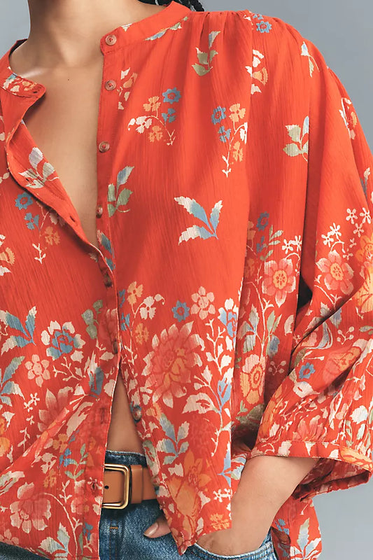 Red Floral Print Batwing Sleeve Shirt