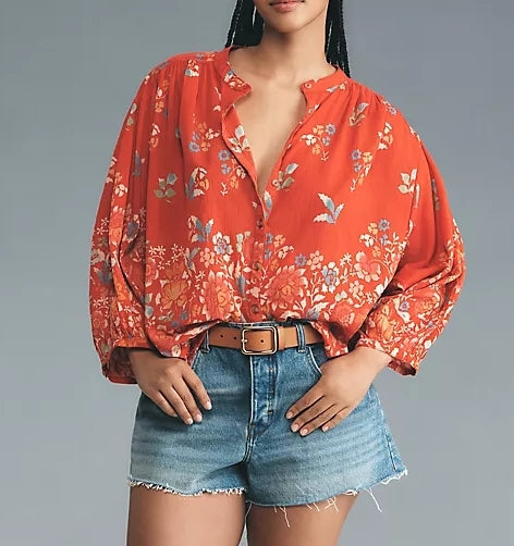 Red Floral Print Batwing Sleeve Shirt
