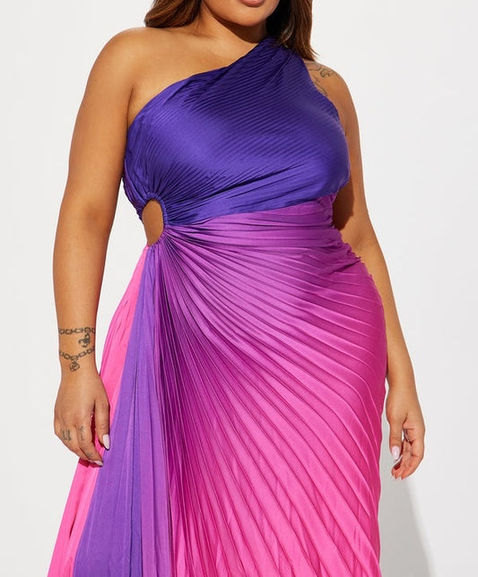 Ombre Pleated One-Shoulder Maxi Dress