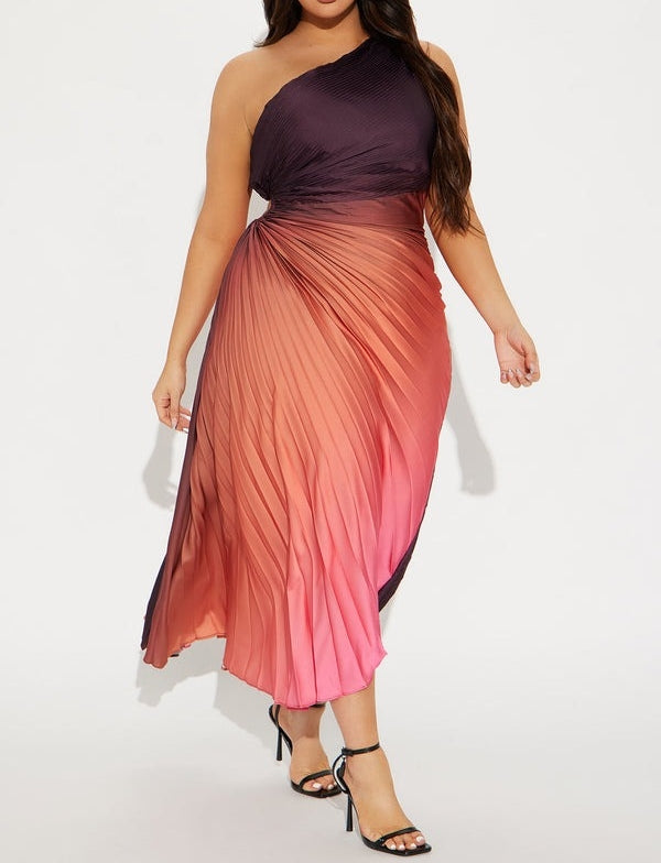 Ombre Pleated One-Shoulder Maxi Dress
