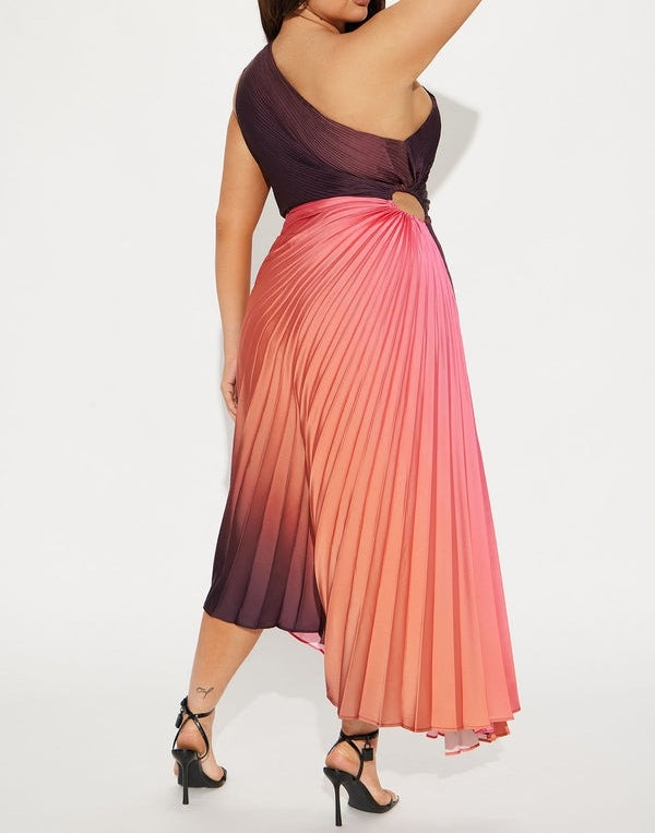 Ombre Pleated One-Shoulder Maxi Dress