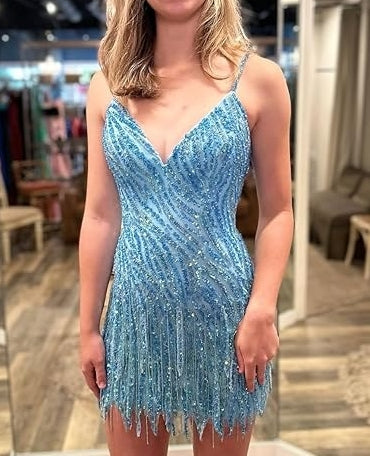 V Neck Bodycon Sequins Tassel Short Homecoming Dress