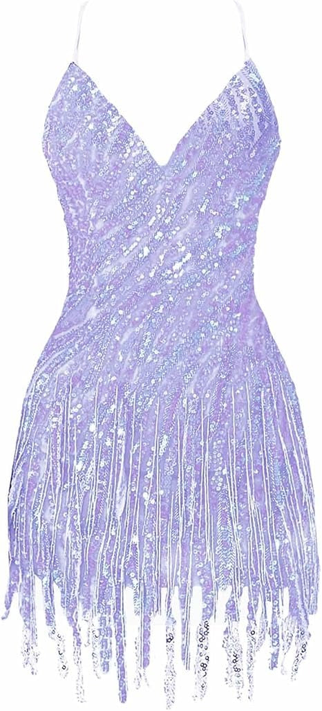 V Neck Bodycon Sequins Tassel Short Homecoming Dress