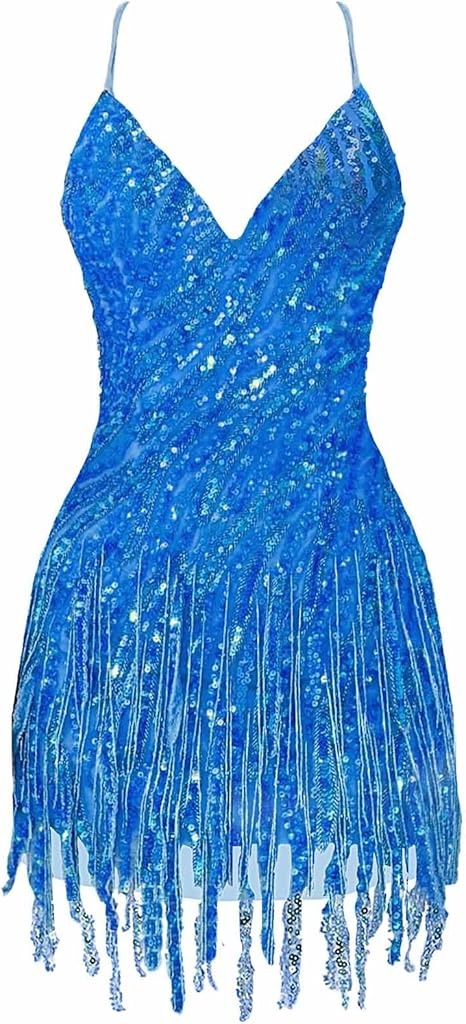 V Neck Bodycon Sequins Tassel Short Homecoming Dress