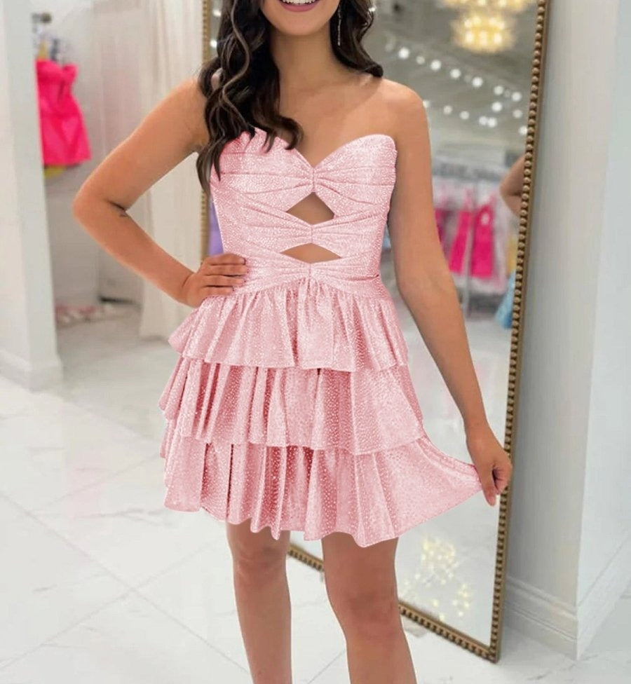 Bodycorn A Line Sweetheart Satin Cut Out Ruffled Homecoming Dress With Beads