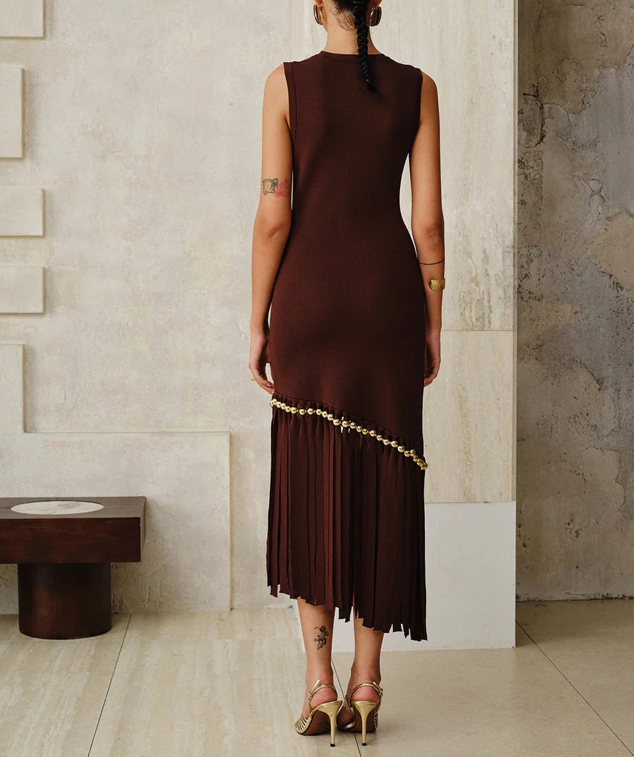 Asymmetric Fringe Metal Bead Detail Maxi Dress