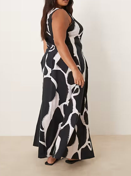 Black Abstract Print Button Down Waistcoat Maxi Dress