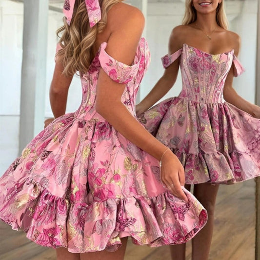 Floral Off Shoulder Brocade Homecoming Dress With Ruffled