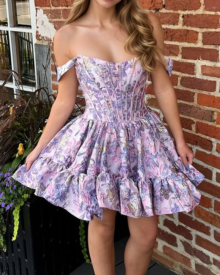 Floral Off Shoulder Brocade Homecoming Dress With Ruffled