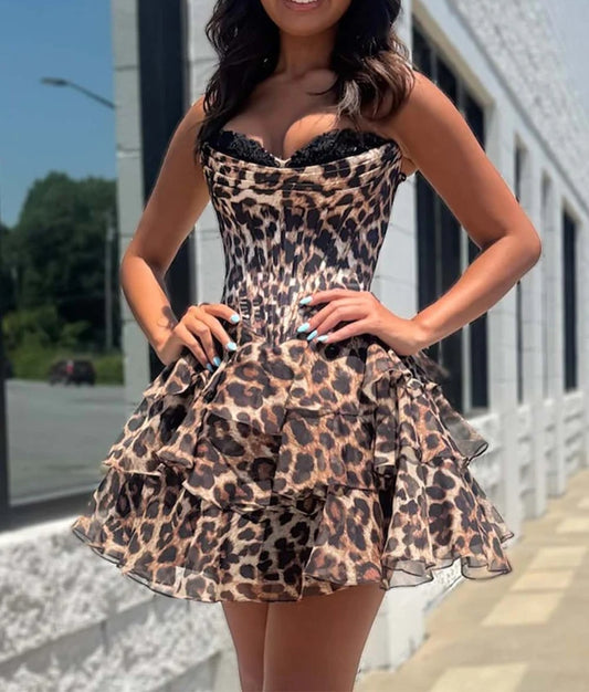 A-line Strapless Ruffle Tiered Leopard Print Homecoming Dress