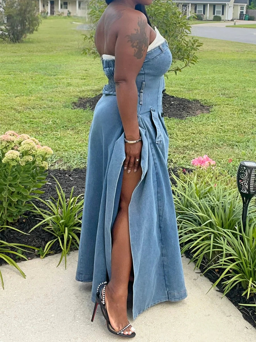 Strapless Paneled Denim Dress