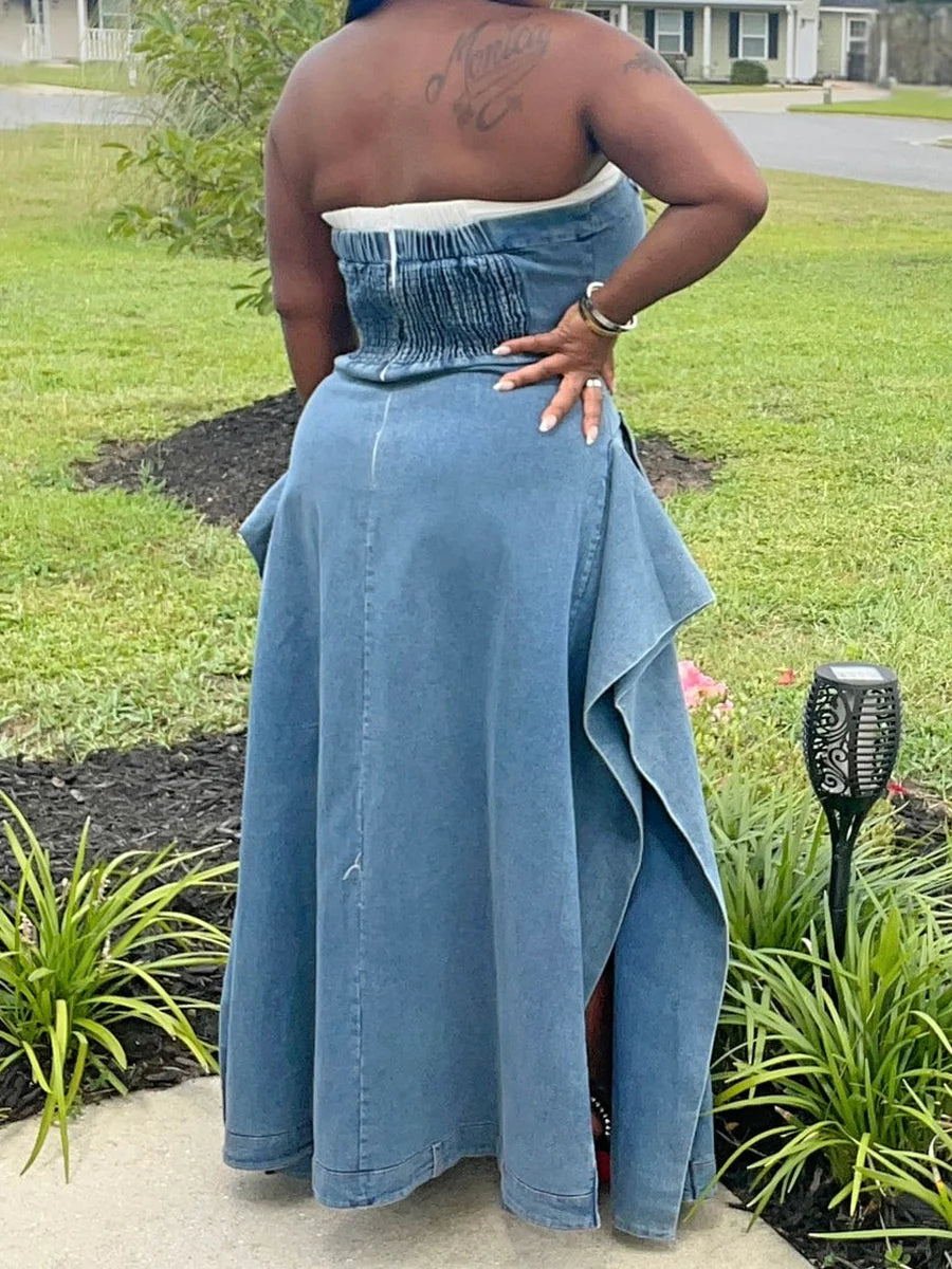 Strapless Paneled Denim Dress