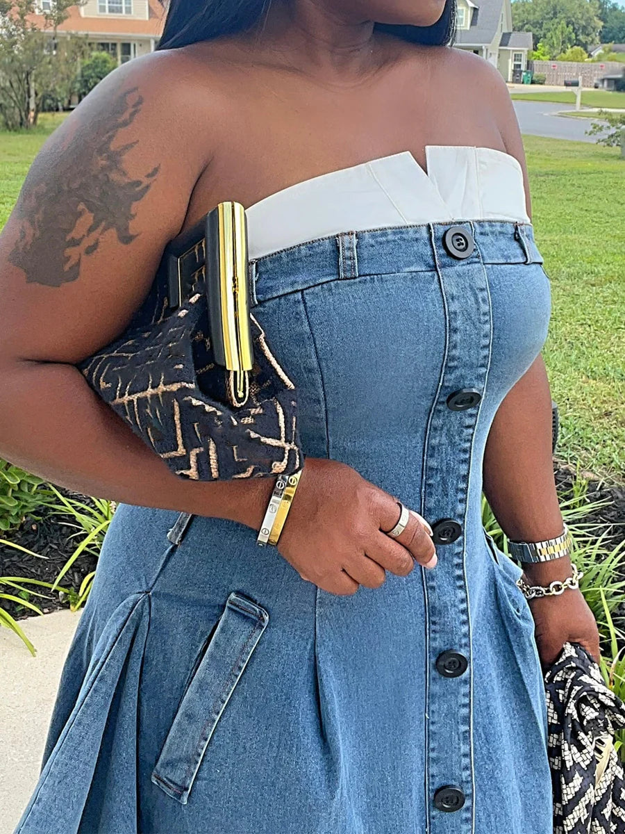 Strapless Paneled Denim Dress
