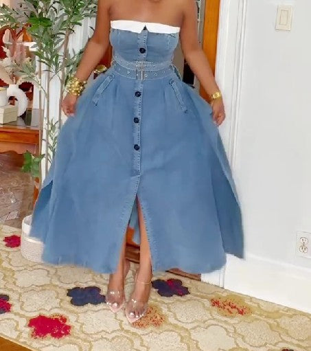 Strapless Paneled Denim Dress