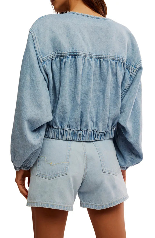 Smocked Crop Denim Jacket