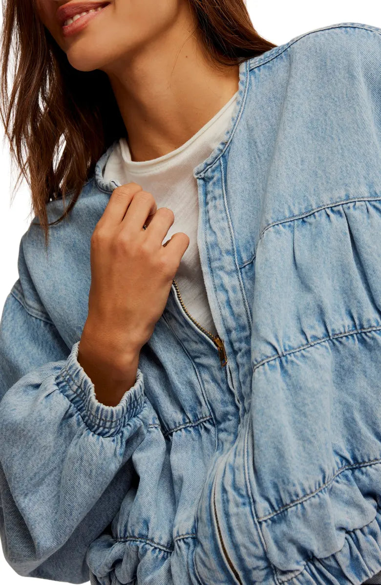 Smocked Crop Denim Jacket