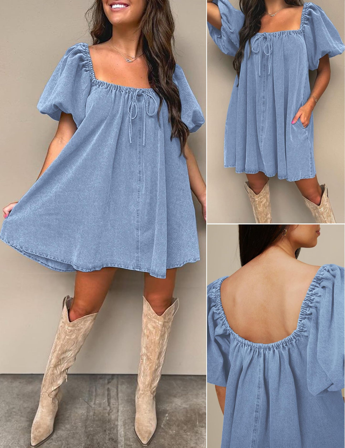 Puff Short Sleeve Jean Dress With Pockets