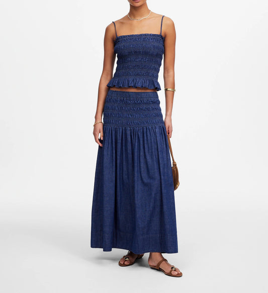 Pleated Denim Midi Skirt Set