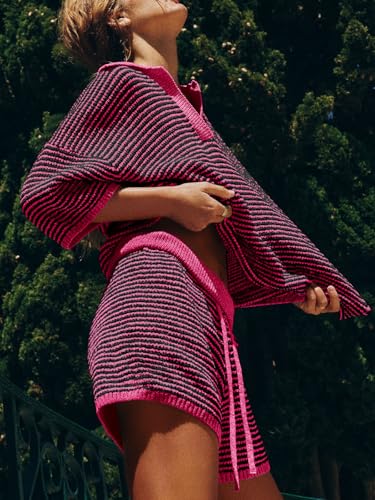 Oversized 3/4 Sleeve V Neck Knit Tops High Waisted Shorts Lounge Sets