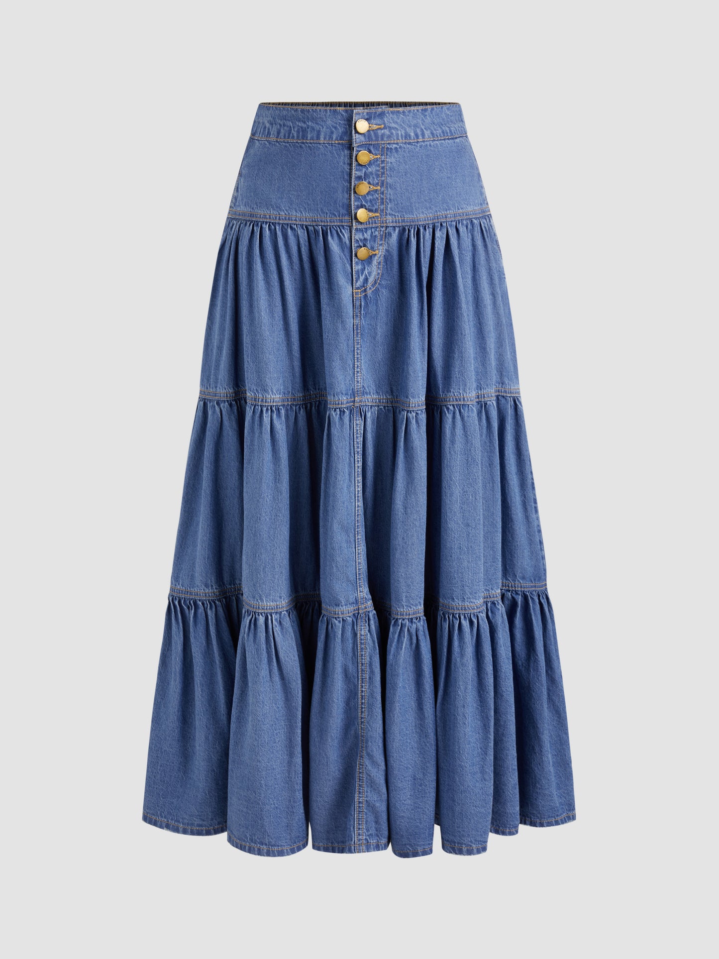 Denim High Rise Solid Tiered Button Pocket Maxi Skirt