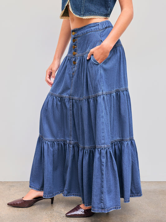 Denim High Rise Solid Tiered Button Pocket Maxi Skirt