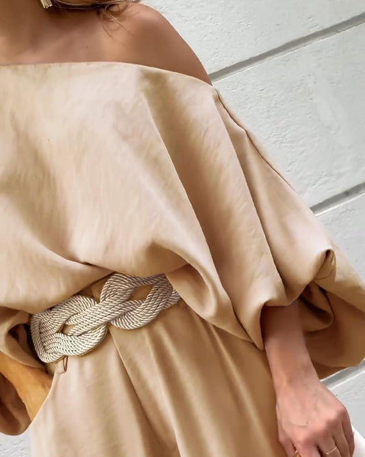 2 Piece Outfits Off Shoulder Lantern Sleeve Top Flowy Wide Leg Pants Set